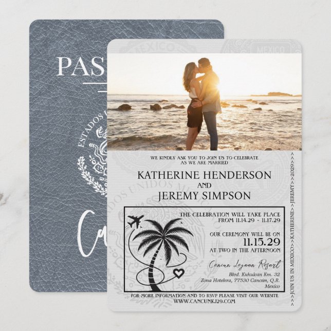Silver Cancun Passport Wedding Einladung (Vorne/Hinten)