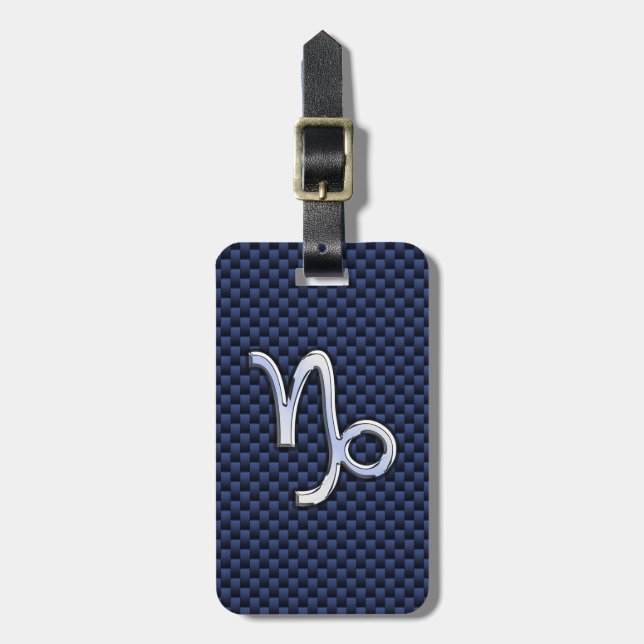 Silver Capricorn Zodiac Sign Blue Carbon Style Gepäckanhänger (Vorderseite vertikal)