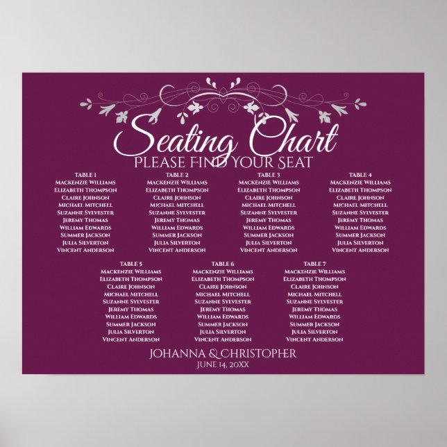 Silver & Cassis Chic 7 Table Wedding Seating Chart Poster (Vorne)