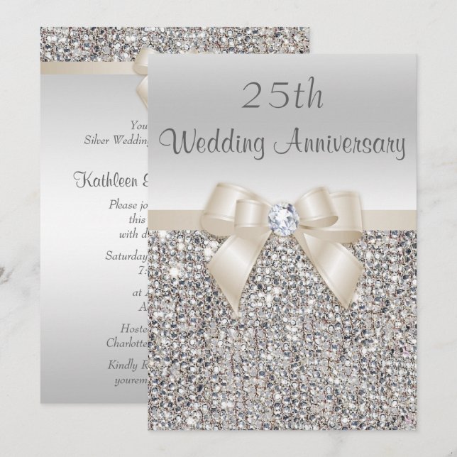 Silver Champagne 25th Wedding Anniversary Sequins Einladung (Vorne/Hinten)