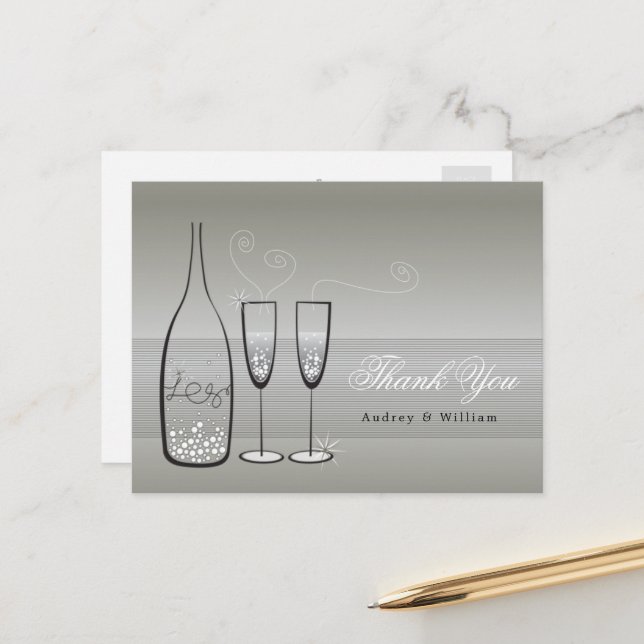 Silver Champagne Bubbly Stylish Wedding Danke Postkarte (Vorderseite/Rückseite Beispiel)