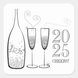Silver Champagne Cheers Bubbly Stylish New Year Quadratischer Aufkleber
