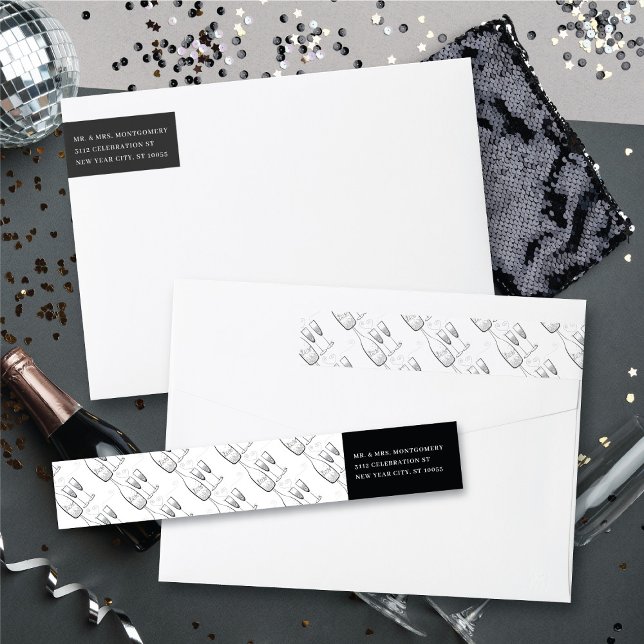 Silver Champagne Cheers Stilvolle Neujahrsadresse (Silver Champagne Cheers Stylish New Year Return Address Wrap Around Label @ fat_fa_tin)