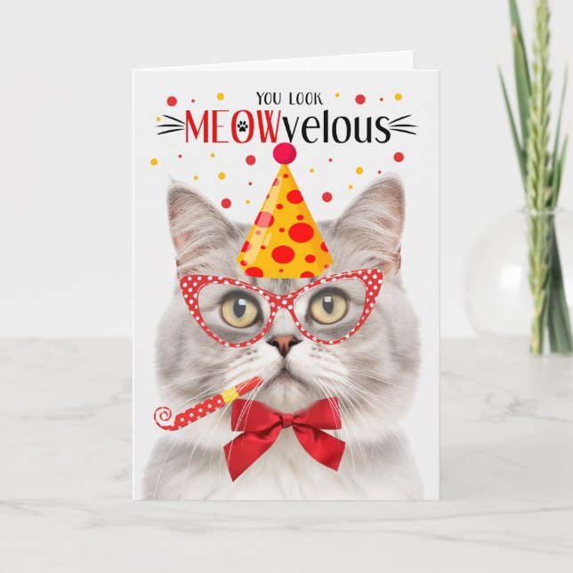 Silver Champagne Tabby Cat MEOWvelous Birthday Karte (Vorderseite)