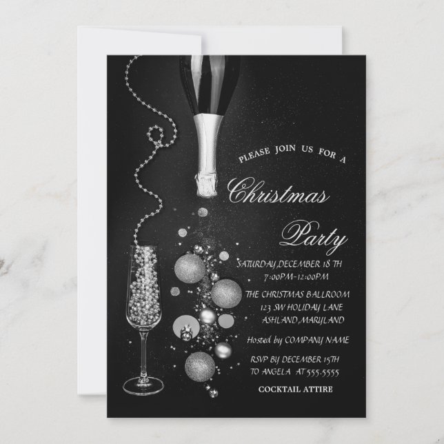 Silver Christmas Balls Champagne Company Party Einladung (Vorderseite)