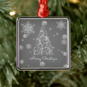 Silver Christmas Tree and Snowflakes Ornament Aus Metall