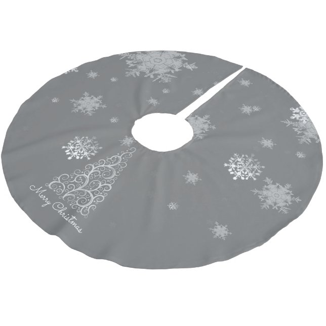 Silver Christmas Tree and Snowflakes Tree Skirt Polyester Weihnachtsbaumdecke (Schrägansicht)
