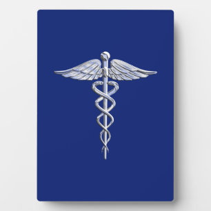 Silver Chrome Caduceus Medical Symbol auf Navy Blu Fotoplatte