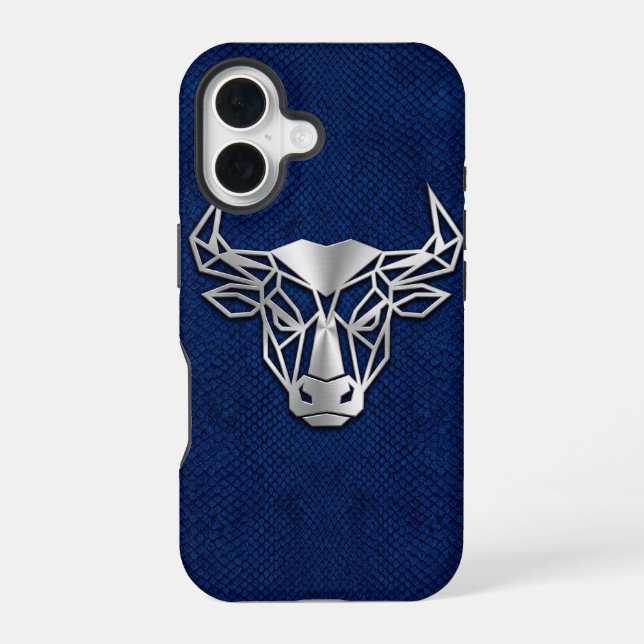 Silver Chrome Geometric Bull Blue Python iPhone 16 Hülle (Rückseite)