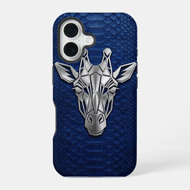 Silver Chrome Geometric Giraffe Blue Python iPhone 16 Hülle (Rückseite)