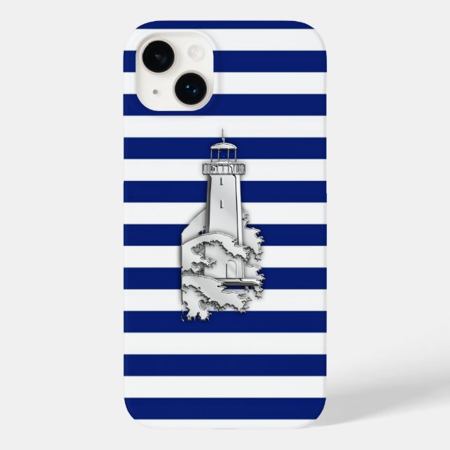 Silver Chrome Like Lighthouse auf Navy Stripes Case-Mate iPhone Hülle (Rückseite)