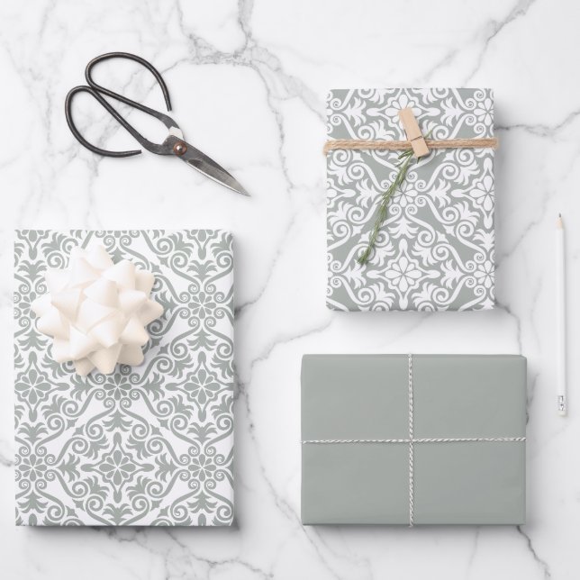Silver Classic Vintag Seamless Damask Muster Geschenkpapier Set (Vorderseite)