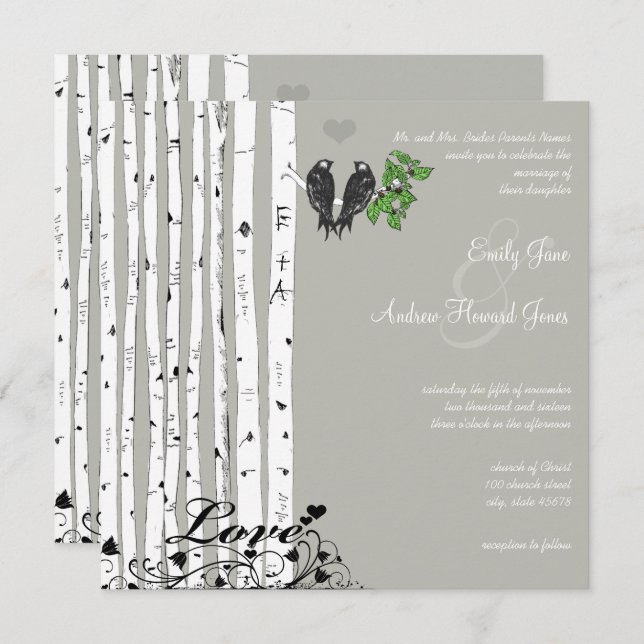 Silver Cloud Birch Vintage Vögel Hochzeit Einladung (Vorne/Hinten)