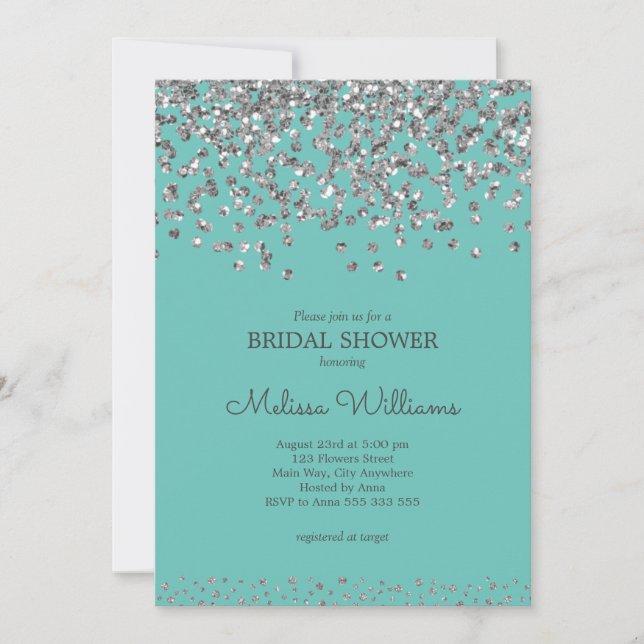Silver Confetti Aquamarin Elegante Modernes Brautp Einladung (Vorderseite)