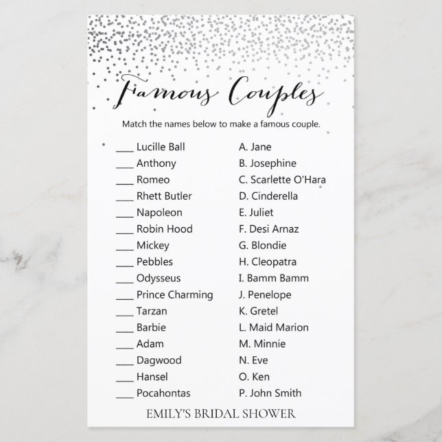 Silver Confetti Brautparty Game DRUCKT (Vorderseite)