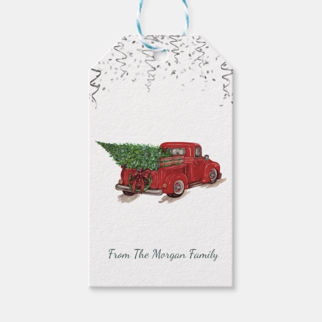 Silver Confetti, Christmas Red Truck Pine Tree Geschenkanhänger (Vorderseite)