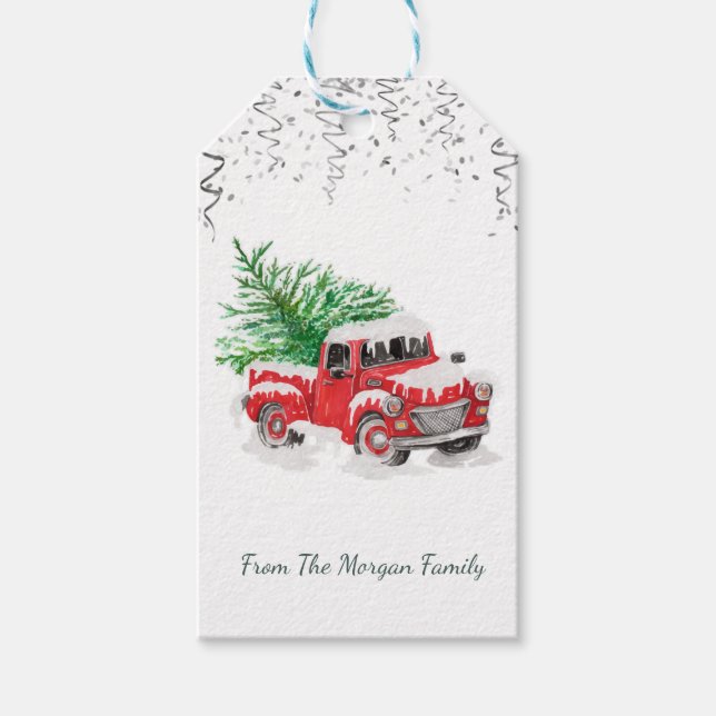Silver Confetti, Christmas Red Truck Pine Tree Sch Geschenkanhänger (Vorderseite)