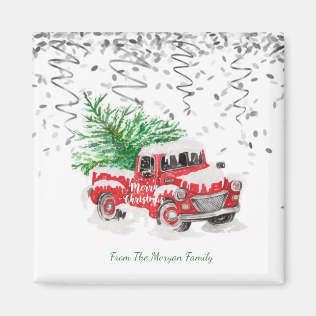 Silver Confetti, Christmas Red Truck Pine Tree Sch Magnet (Vorne)
