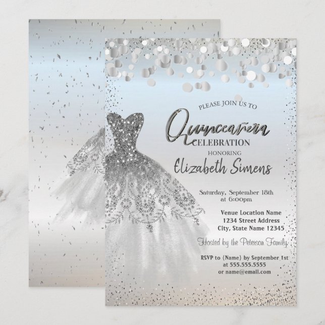 Silver Confetti Dots, Chic Dress Quinceañera Einladung (Vorne/Hinten)