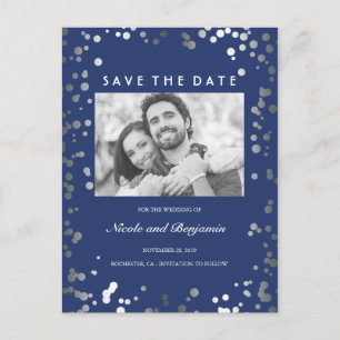 Silver Confetti Elegantes Navy Foto Ankündigungspostkarte