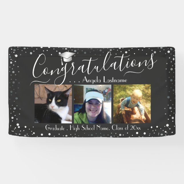 Silver Confetti Graduation 3 Photo Budget Bannière (Horizontal)