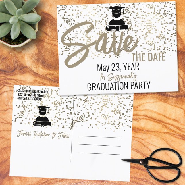 Silver Confetti Graduation Party Save the Date Ankündigungspostkarte (Von Creator hochgeladen)