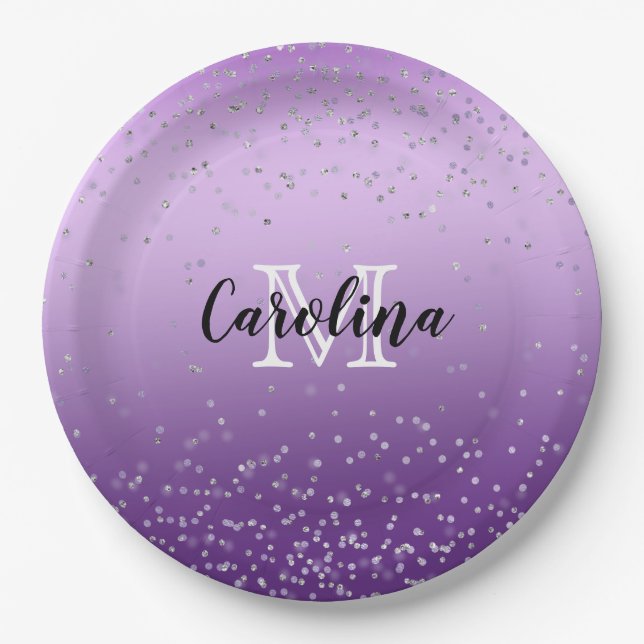 Silver Confetti Lila Ombre Monogramm Pappteller (Vorderseite)