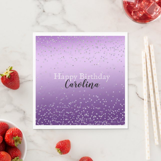 Silver Confetti Lila Ombre Name Serviette (Beispiel)