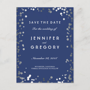 Silver Confetti Navy Elegant Save the Date Ankündigungspostkarte
