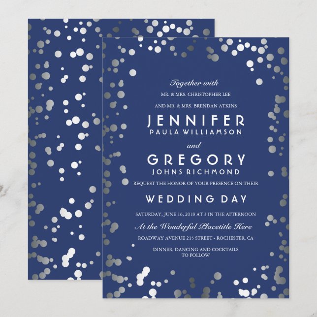 Silver Confetti Navy Moderne und elegante Hochzeit Einladung (Vorne/Hinten)
