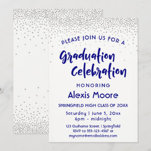 Silver Confetti & Navy Typografy Graduation Party Einladung