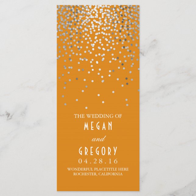 Silver Confetti Orange Elegant Wedding Program Programm (Vorderseite)