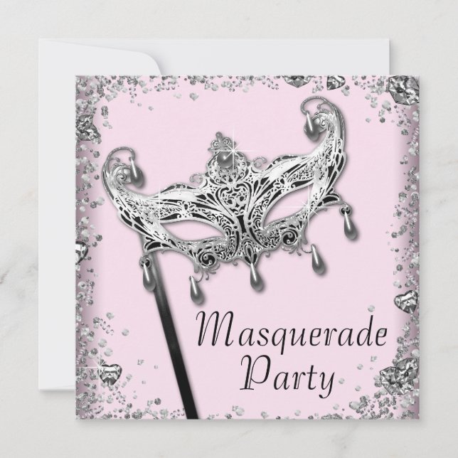 Silver Confetti Pink Black Masquerade Party Einladung (Vorderseite)