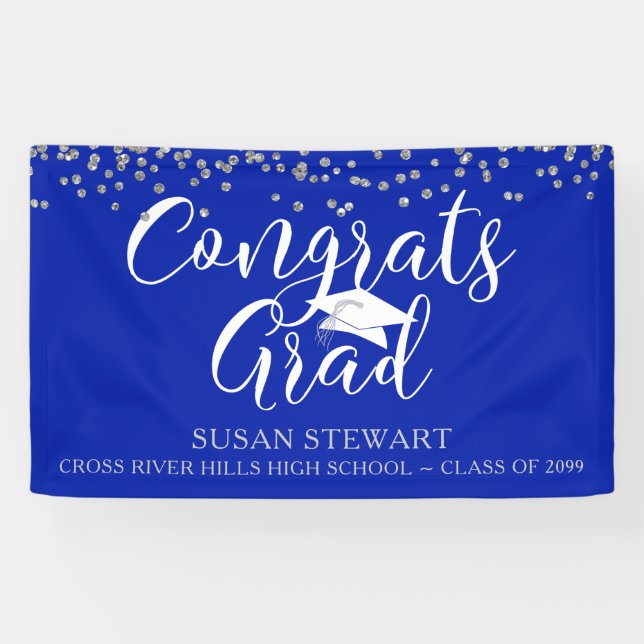 Silver Confetti Script GLÜCKWUNSCHS GRAD Royal Blu Banner (Horizontal)