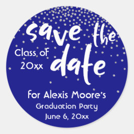 Silver Confetti über Navy, modern Save the Date Runder Aufkleber