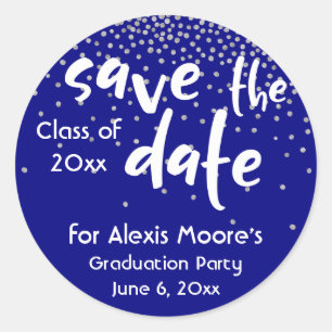 Silver Confetti über Navy, modern Save the Date Runder Aufkleber