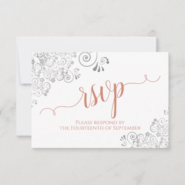 Silver & Coral on White Elegante Script Wedding RSVP Karte (Vorderseite)