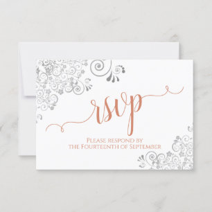 Silver & Coral on White Elegante Script Wedding RSVP Karte
