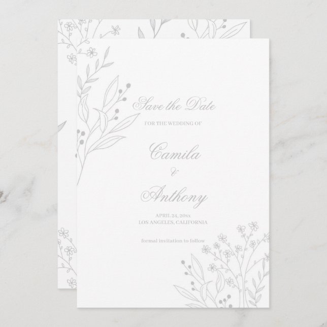 Silver Corner Floral Boho Wedding Einladung (Vorne/Hinten)