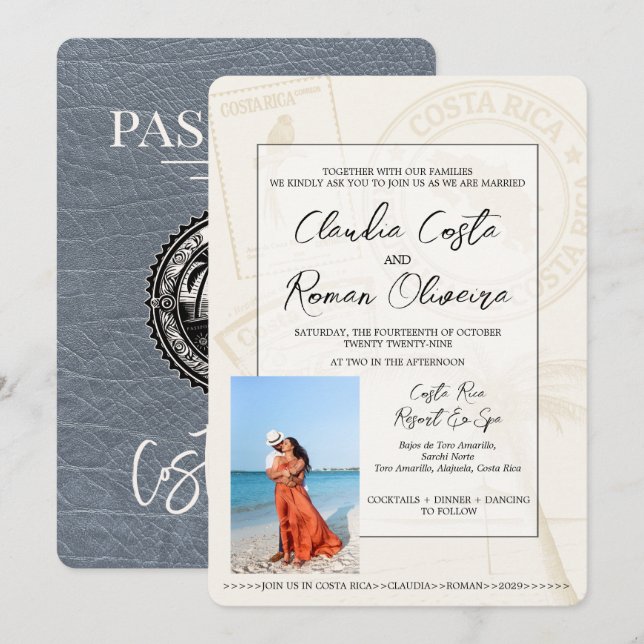 Silver Costa Rica Passport Hochzeitseinladung Einladung (Vorne/Hinten)