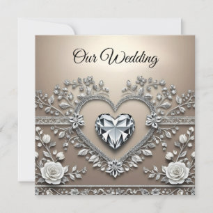 Silver & Cream Elegante: Diamant Heart Wedding Inv