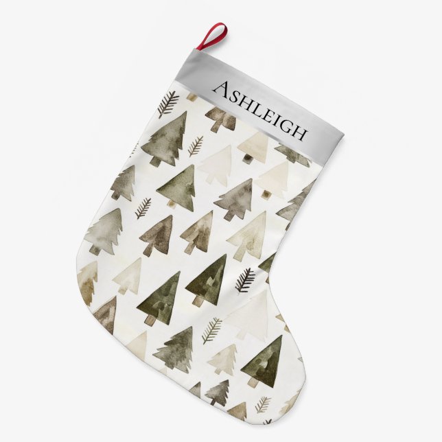 Silver Cream Green Christmas Trees Großer Weihnachtsstrumpf (Vorderansicht (hängend))