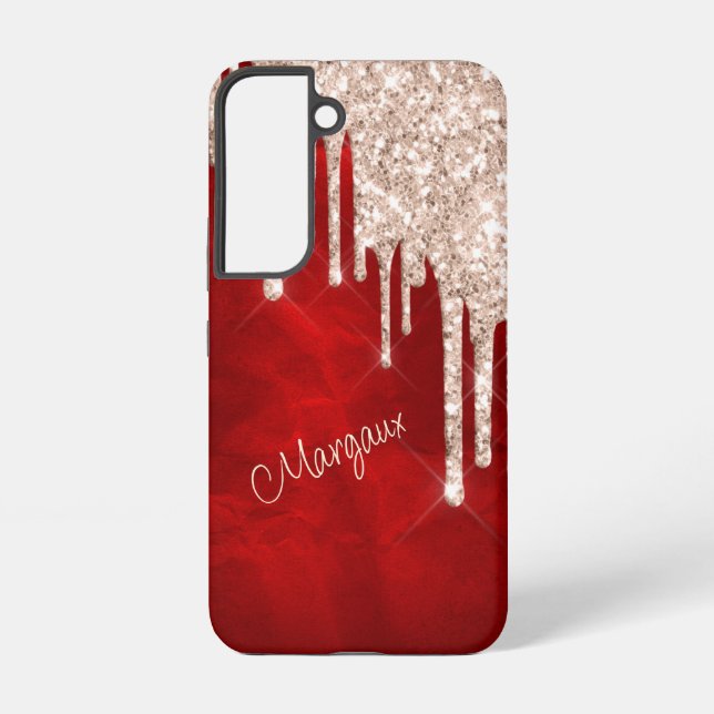 Silver Crimson Glitzer Tropfen auf Red Monogram Samsung Galaxy Hülle (Rückseite)