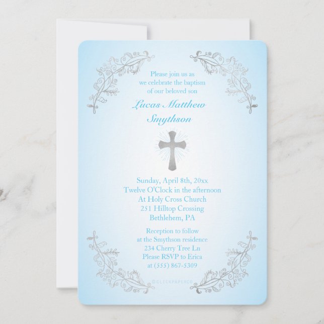 Silver Cross Blue Baptisse Foto Einladung (Vorderseite)