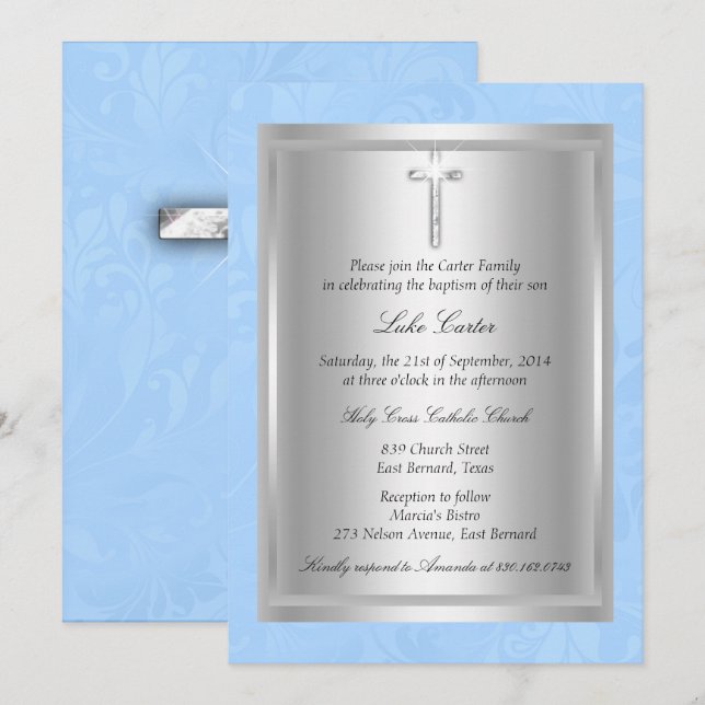 Silver Cross Blue Taufe Christening Einladung (Vorne/Hinten)
