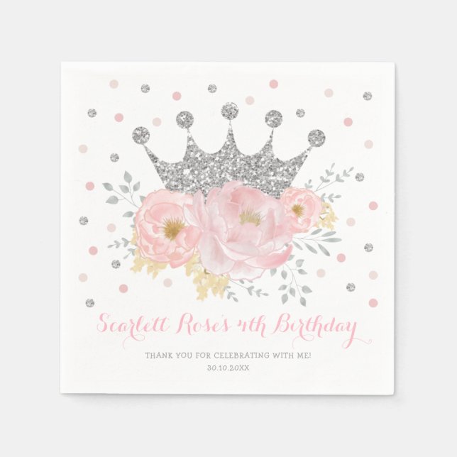 Silver Crown Blush Pink Bloral Princess Birthday Serviette (Vorderseite)