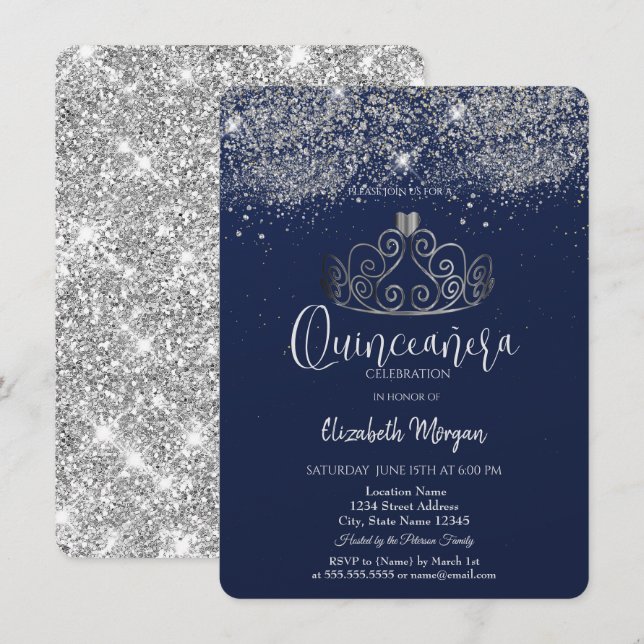 Silver Crown Glitter Confetti  Blue Quinceañera   Einladung (Vorne/Hinten)
