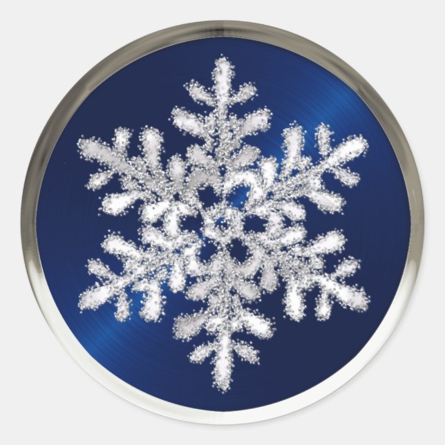 Silver Crystal Snowflake auf Navy Blue Siegel Runder Aufkleber (Vorderseite)