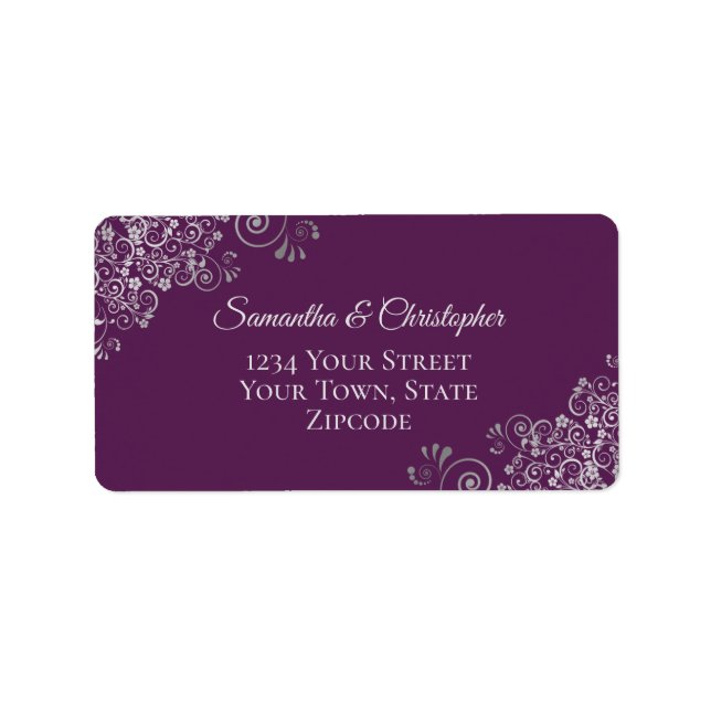 Silver Curls Elegant Plum Lila Hochzeitadresse Adressaufkleber (Vorne)