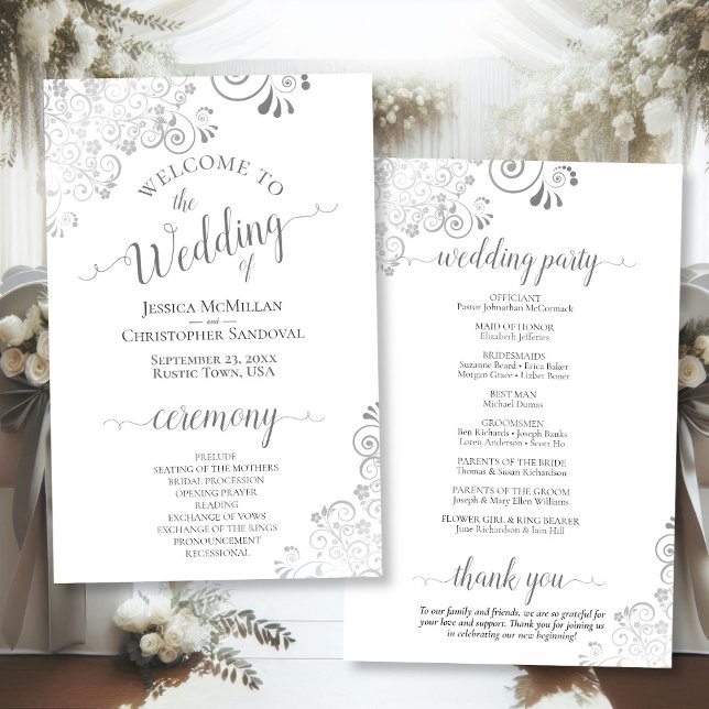 Silver Curls Gray & White Budget Hochzeitsprogramm (Front/Back)